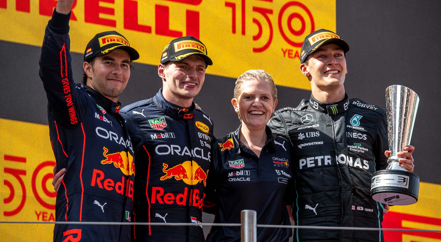 Sergio Perez, Max Verstappen and George Russell, Circuit de Barcelona-Catalunya, 2022